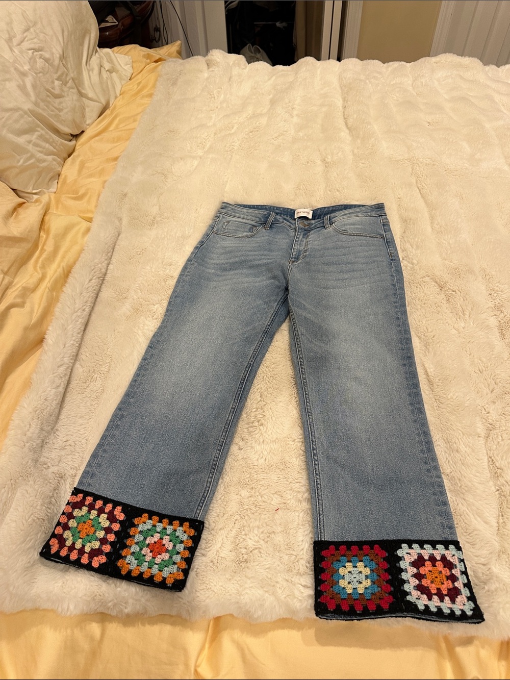 DRIFTWOOD Light Blue Wide Leg Jeans with Multicolor Crochet Cuffs